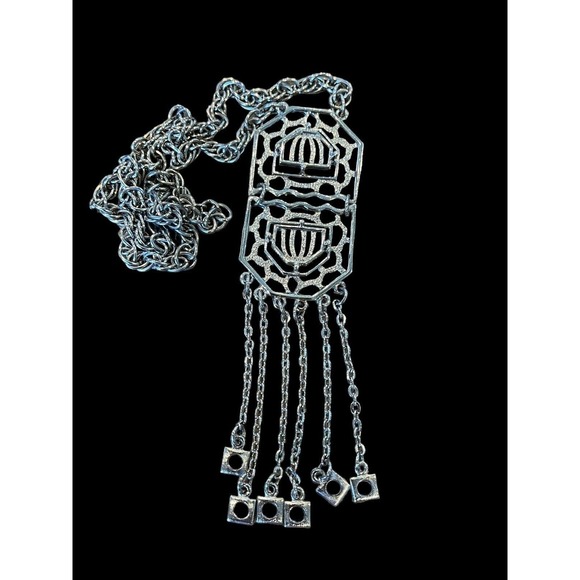 Vintage Art Deco Style Tassel Dangle Necklace 18 In Filigree Openwork Geometric - Picture 4 of 6